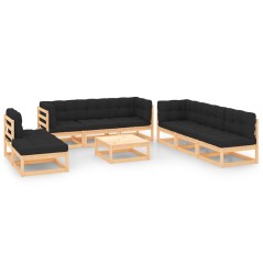 9 pcs conjunto lounge de jardim c/ almofadões pinho maciço