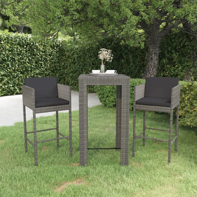 3 pcs conjunto de bar p/ jardim c/ almofadões vime PE cinzento-Conjuntos de jardim-Home Retail