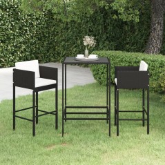 3 pcs conjunto de bar para jardim com almofadões vime PE preto