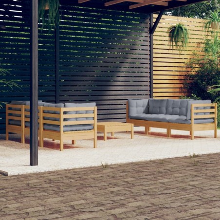 7 pcs conjunto lounge de jardim c/ almofadões cinzentos pinho