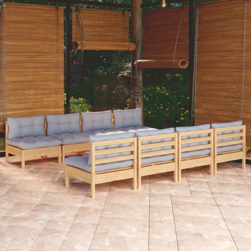 9 pcs conjunto lounge de jardim + almofadões cinza pinho maciço-Conjuntos de jardim-Home Retail