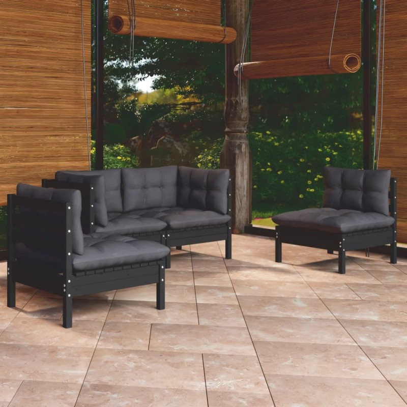 4 pcs conjunto lounge jardim c/ almofadões pinho maciço-Conjuntos de jardim-Home Retail