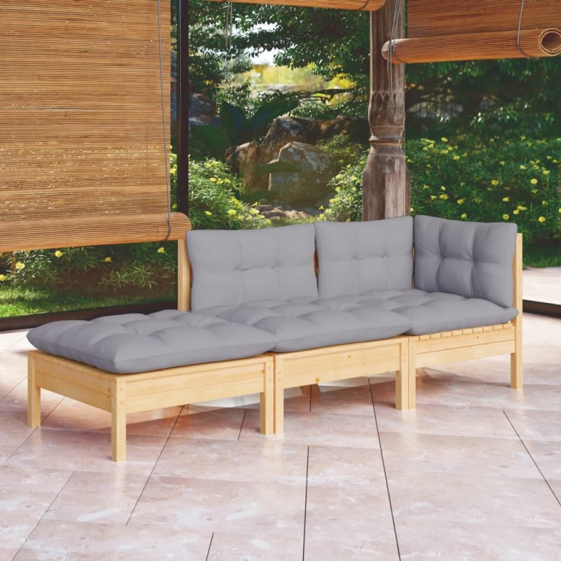 3pcs conjunto lounge de jardim c/ almofadões cinza pinho maciço-Conjuntos de jardim-Home Retail