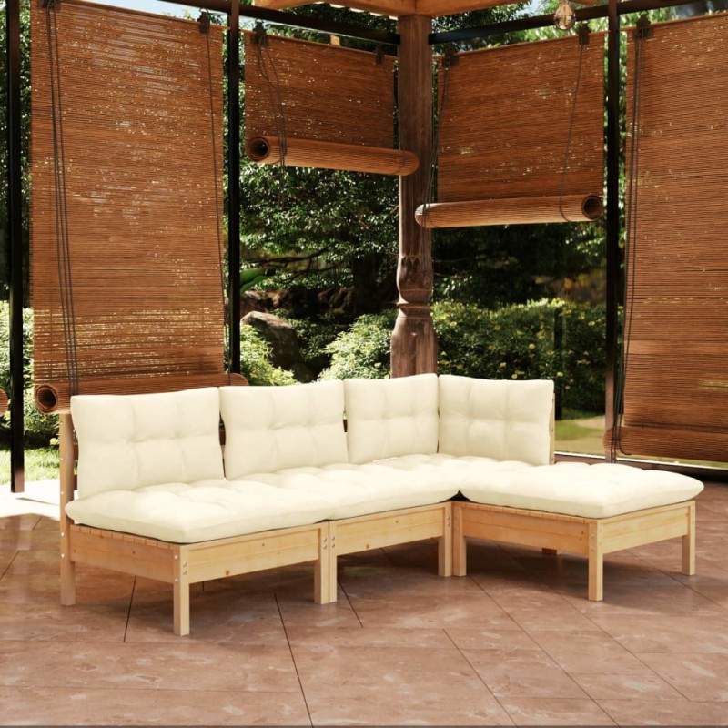 4 pcs conjunto lounge jardim c/ almofadões cor creme pinho-Conjuntos de jardim-Home Retail