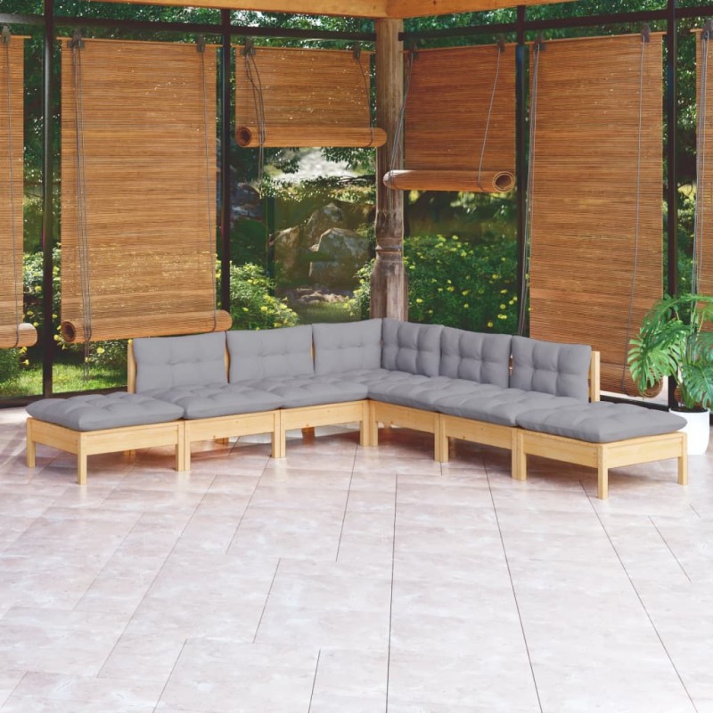 7 pcs conjunto lounge de jardim c/ almofadões cinza pinho-Conjuntos de jardim-Home Retail