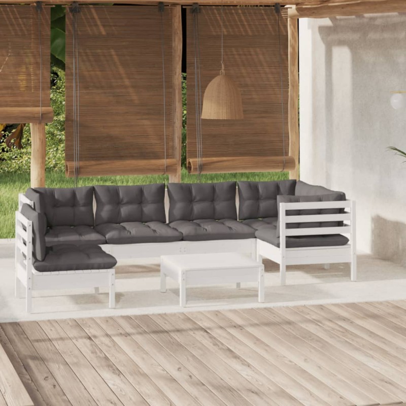 7 pcs conjunto lounge de jardim c/ almofadões pinho branco-Conjuntos de jardim-Home Retail