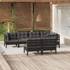 7 pcs conjunto lounge jardim c/ almofadões pinho maciço preto