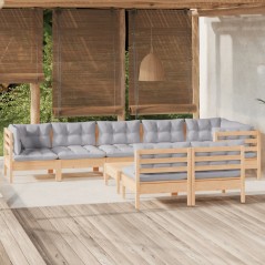 9 pcs conjunto lounge de jardim + almofadões cinza pinho maciço