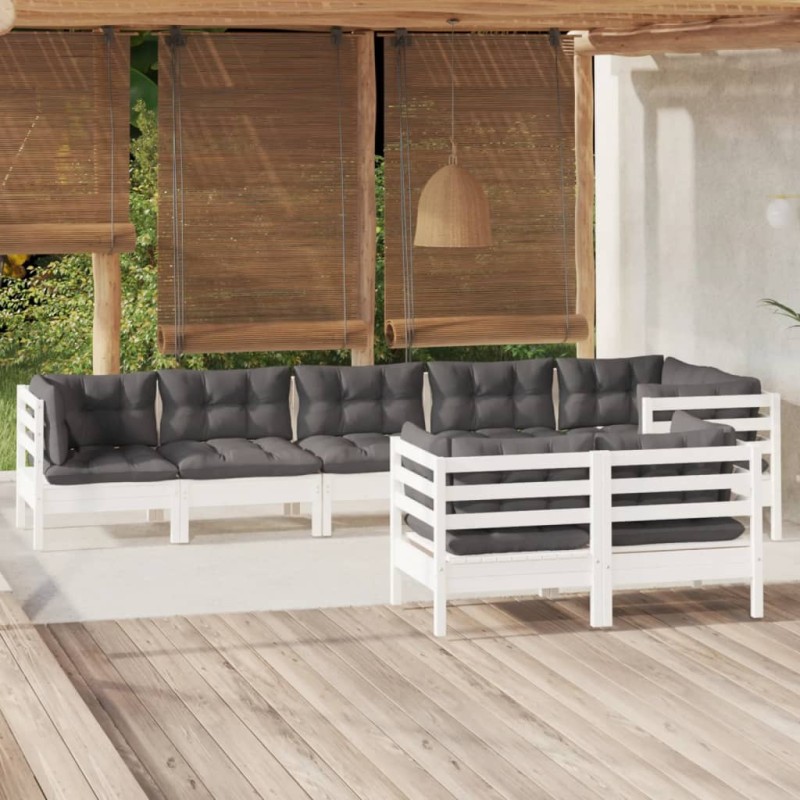 8 pcs conjunto lounge jardim c/ almofadões pinho maciço branco-Conjuntos de jardim-Home Retail