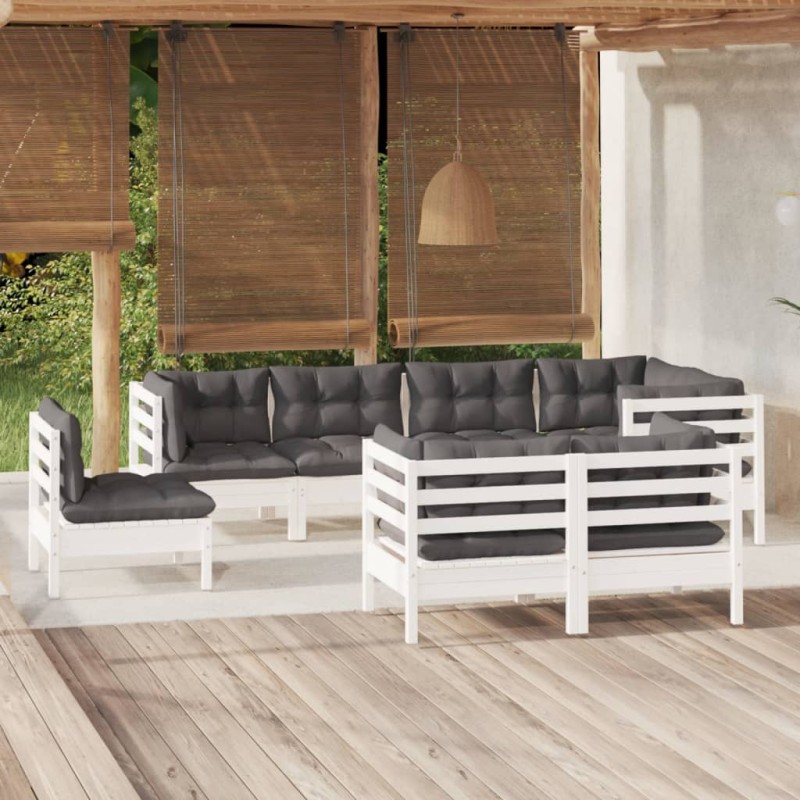 8 pcs conjunto lounge jardim c/ almofadões pinho maciço branco-Conjuntos de jardim-Home Retail