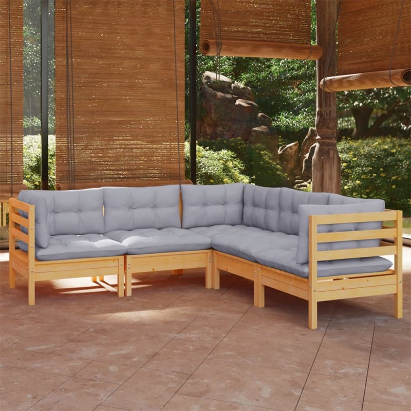 5 pcs conjunto lounge de jardim + almofadões cinza pinho maciço-Conjuntos de jardim-Home Retail