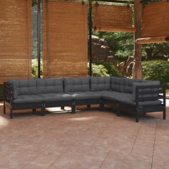 6 pcs conjunto lounge jardim c/ almofadões pinho maciço preto