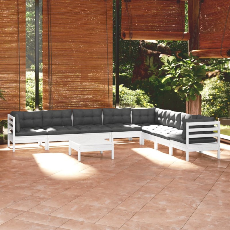 9 pcs conj. lounge de jardim c/ almofadões pinho maciço branco-Conjuntos de jardim-Home Retail