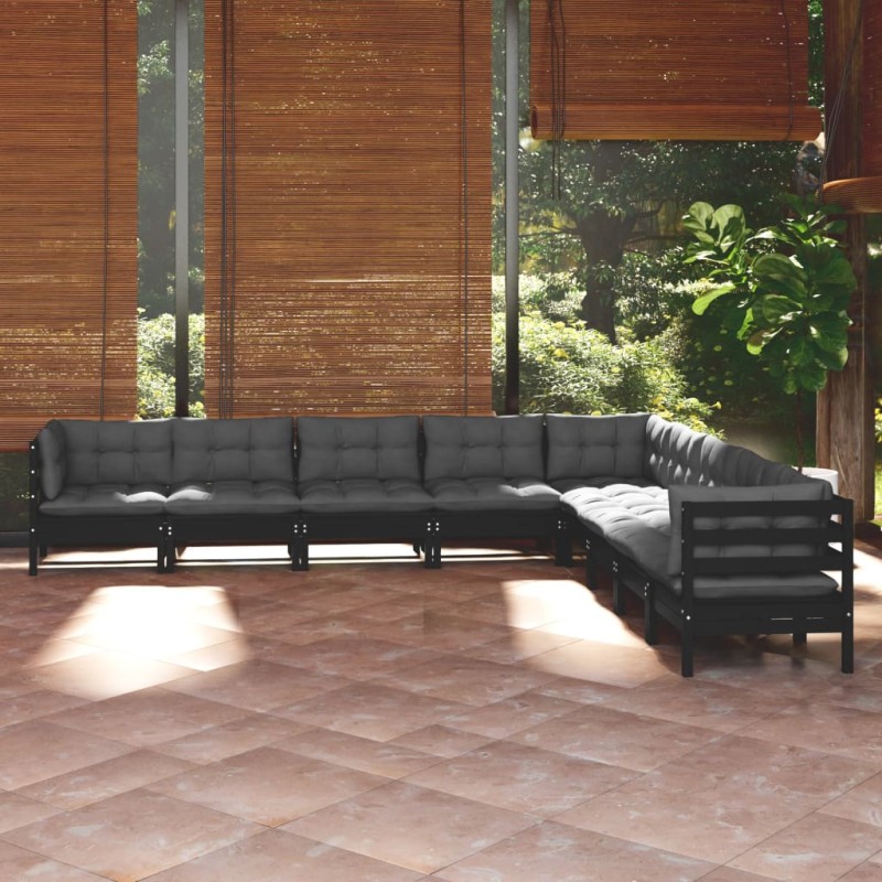 9 pcs conjunto lounge jardim c/ almofadões pinho maciço preto-Conjuntos de jardim-Home Retail