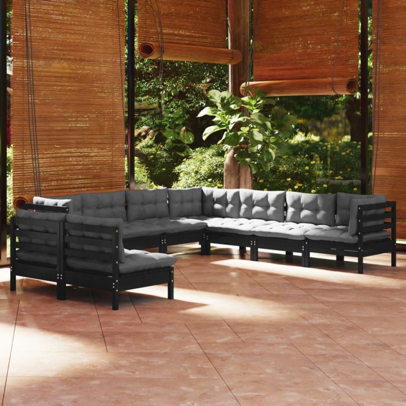 9 pcs conjunto lounge jardim c/ almofadões pinho maciço preto-Conjuntos de jardim-Home Retail