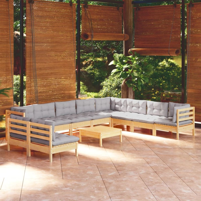 11pcs conjunto lounge de jardim + almofadões cinza pinho maciço-Conjuntos de jardim-Home Retail