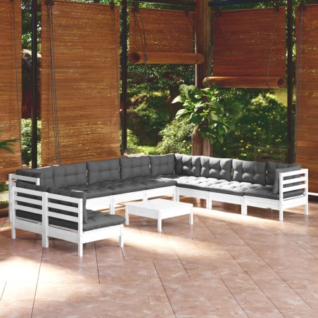 11 pcs conj. lounge de jardim c/ almofadões pinho maciço branco