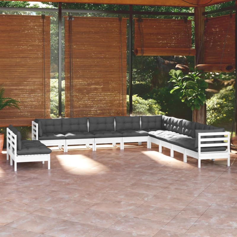 11 pcs conj. lounge de jardim c/ almofadões pinho maciço branco-Conjuntos de jardim-Home Retail