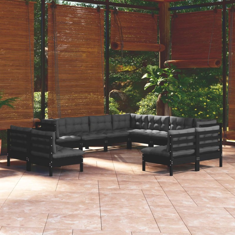 11 pcs conjunto lounge jardim c/ almofadões pinho maciço preto-Conjuntos de jardim-Home Retail