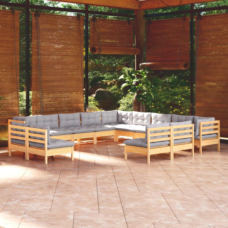 13pcs conjunto lounge de jardim + almofadões cinza pinho maciço-Conjuntos de jardim-Home Retail