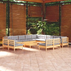 14 pcs conj. lounge de jardim c/ almofadões cinza pinho maciço