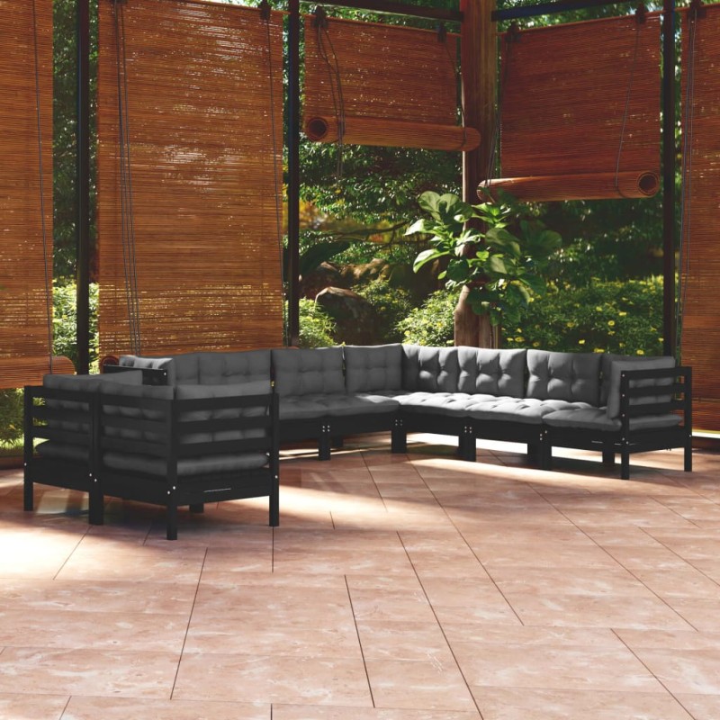 9 pcs conjunto lounge jardim c/ almofadões pinho maciço preto-Conjuntos de jardim-Home Retail