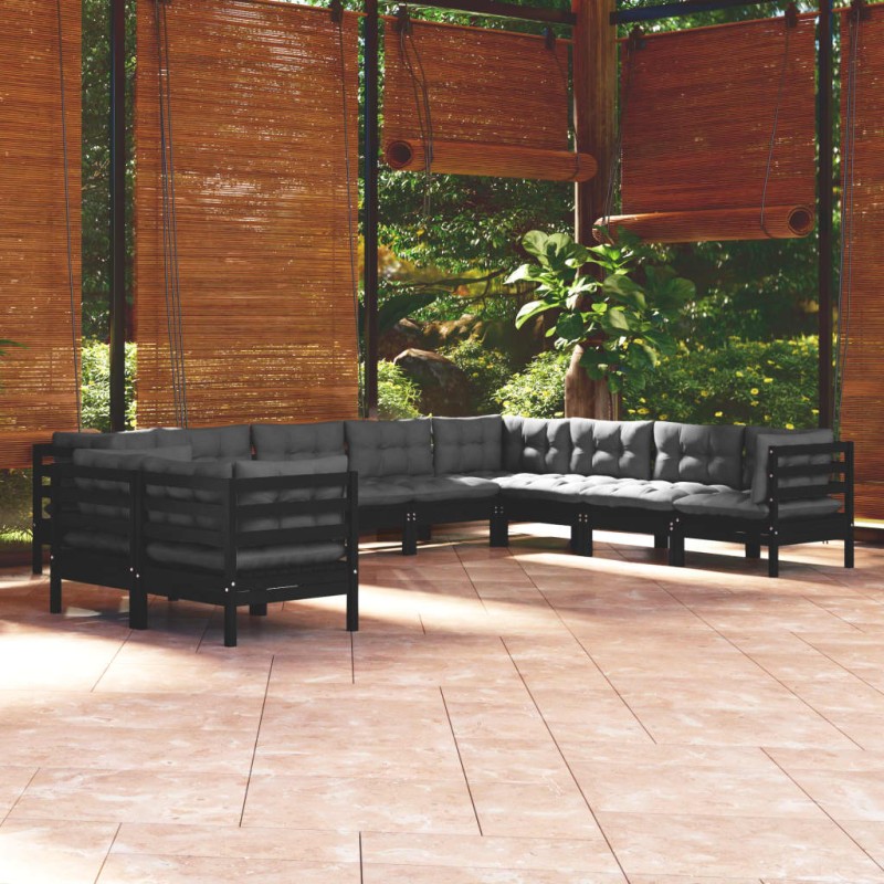 10 pcs conjunto lounge jardim c/ almofadões pinho maciço preto-Conjuntos de jardim-Home Retail