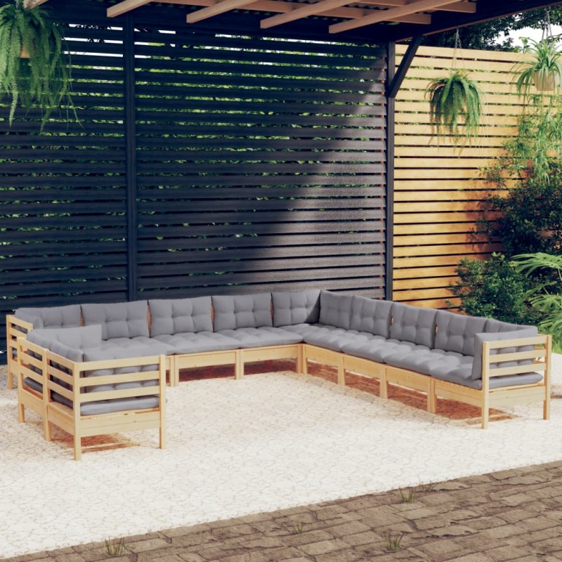 11pcs conjunto lounge de jardim + almofadões cinza pinho maciço-Conjuntos de jardim-Home Retail