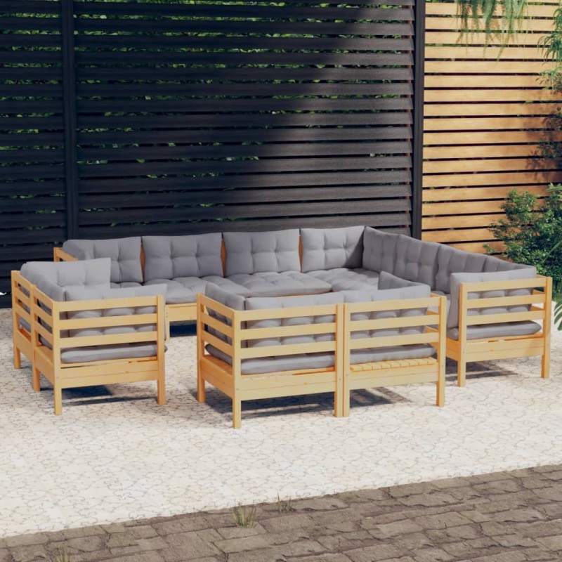 11pcs conjunto lounge de jardim + almofadões cinza pinho maciço-Conjuntos de jardim-Home Retail