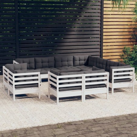 11 pcs conj. lounge de jardim c/ almofadões pinho maciço branco