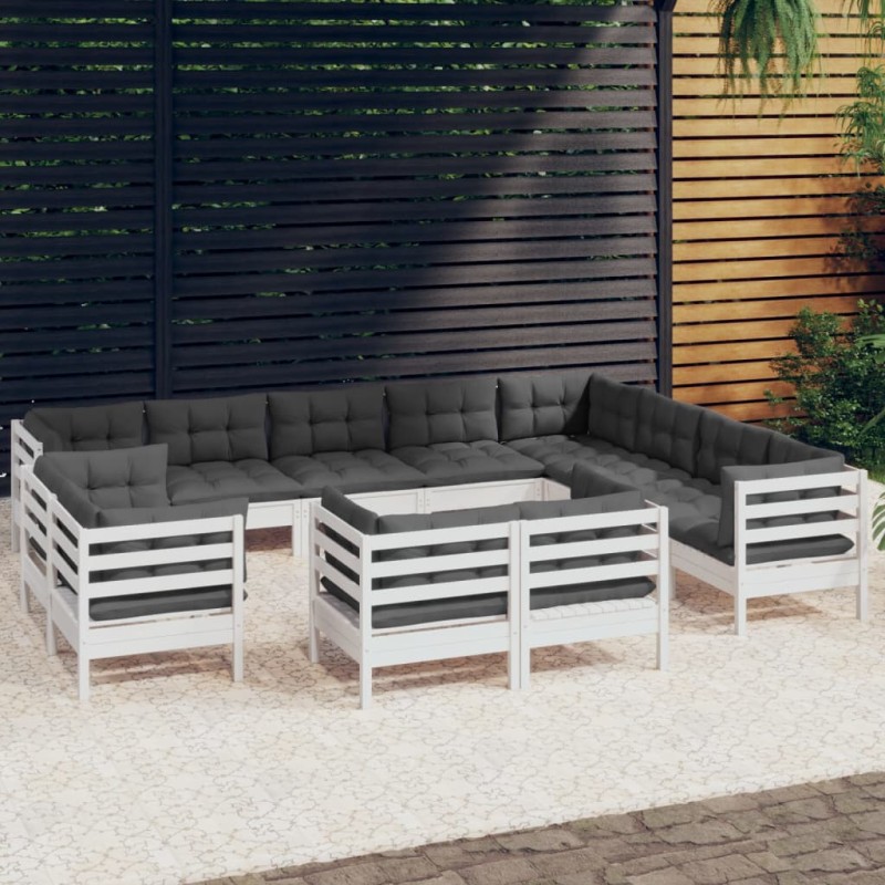 12 pcs conj. lounge de jardim c/ almofadões pinho maciço branco-Conjuntos de jardim-Home Retail