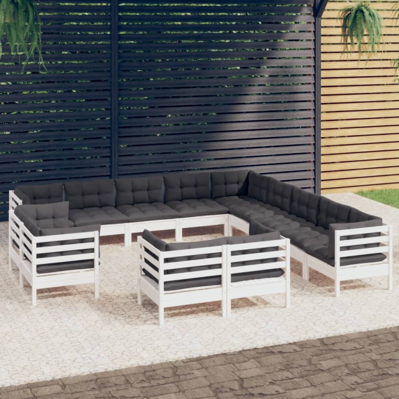 13 pcs conj. lounge de jardim c/ almofadões pinho maciço branco-Conjuntos de jardim-Home Retail