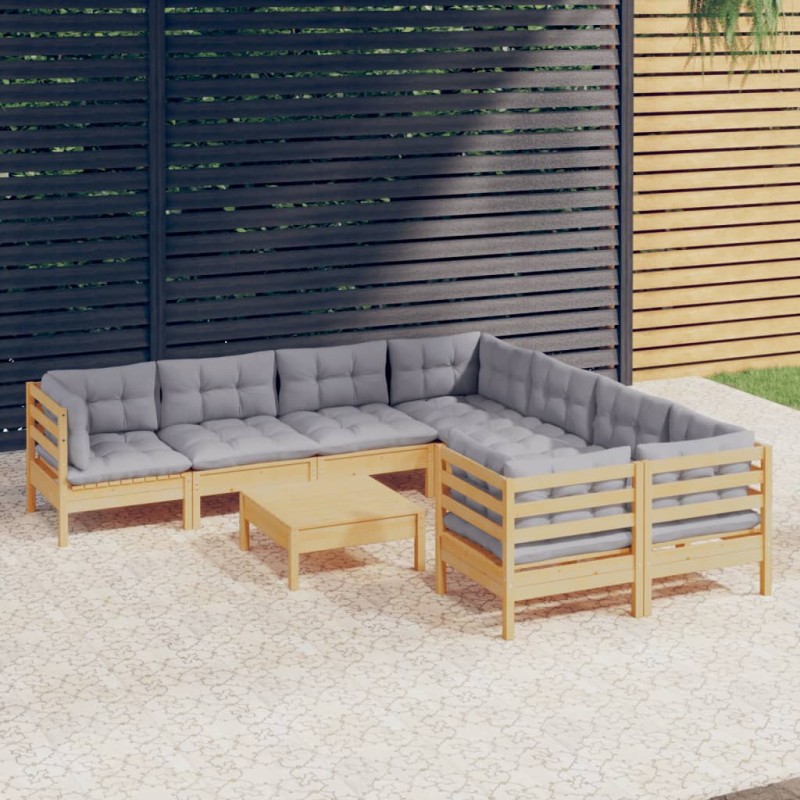 9 pcs conjunto lounge de jardim c/ almofadões cinzentos pinho-Conjuntos de jardim-Home Retail