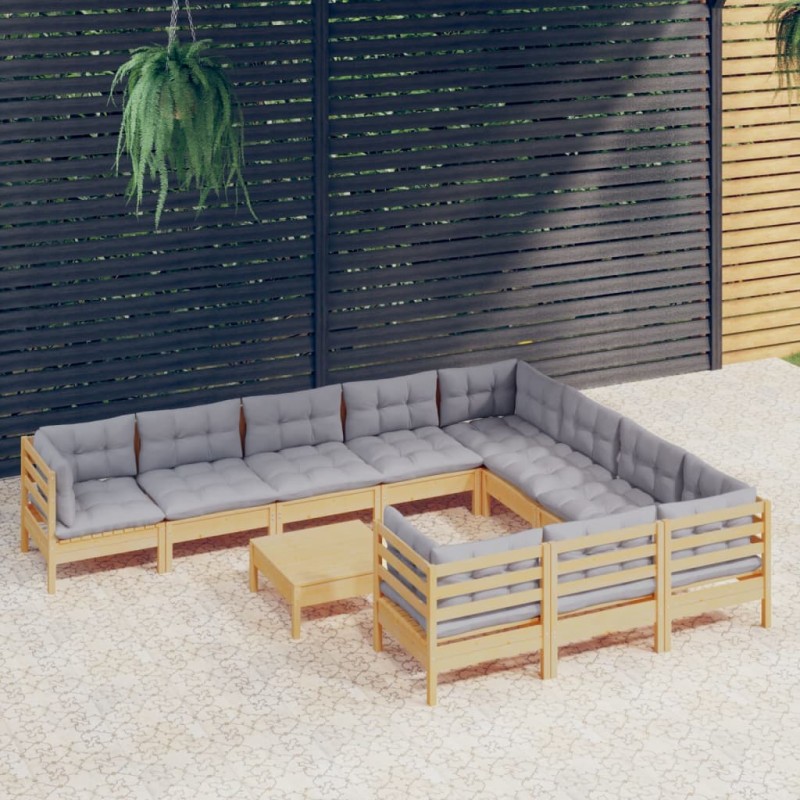 11 pcs conjunto lounge de jardim c/ almofadões cinza pinho-Conjuntos de jardim-Home Retail