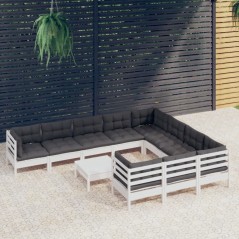 11 pcs conjunto lounge de jardim c/ almofadões pinho branco