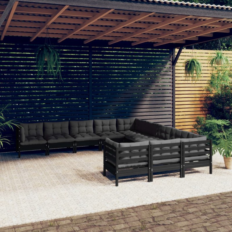 11 pcs conjunto lounge de jardim c/ almofadões pinho preto-Conjuntos de jardim-Home Retail