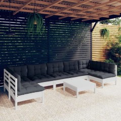 8 pcs conj. lounge de jardim c/ almofadões pinho maciço branco