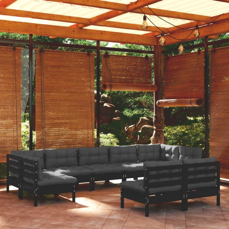 9 pcs conjunto lounge jardim c/ almofadões pinho maciço preto-Conjuntos de jardim-Home Retail