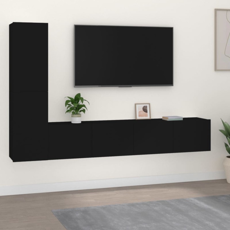 Conjunto móveis de TV 4 pcs madeira processada preto-Móveis de TV-Home Retail