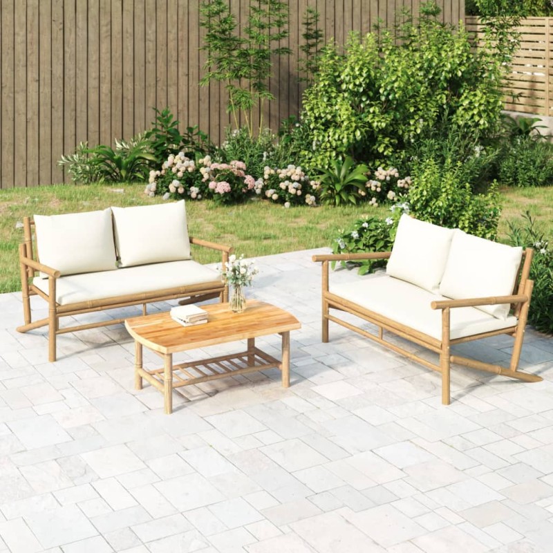 3 pcs conjunto lounge de jardim bambu c/ almofadões branco nata-Conjuntos de jardim-Home Retail