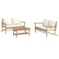 3 pcs conjunto lounge de jardim bambu c/ almofadões branco nata