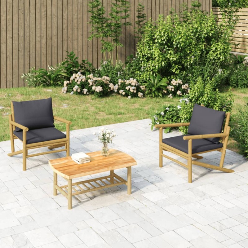 3pcs conj. lounge de jardim bambu c/ almofadões cinzento-escuro-Conjuntos de jardim-Home Retail