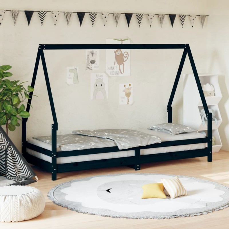 Estrutura de cama infantil 80x200 cm pinho maciço preto-Berços e camas infantis-Home Retail