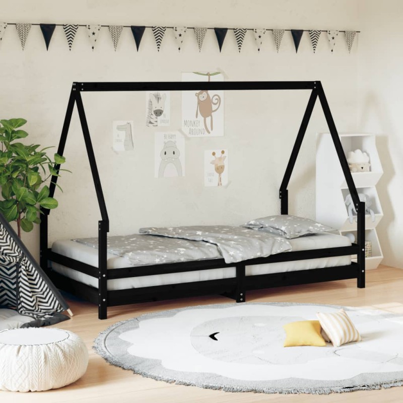 Estrutura de cama infantil 90x190 cm pinho maciço preto-Berços e camas infantis-Home Retail