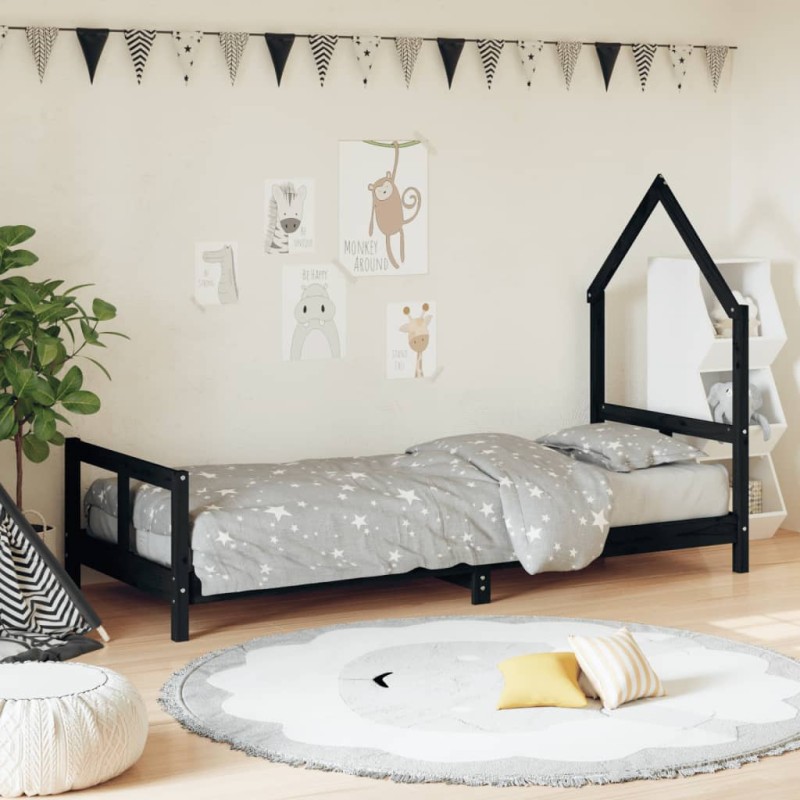 Estrutura de cama infantil 80x200 cm pinho maciço preto-Berços e camas infantis-Home Retail