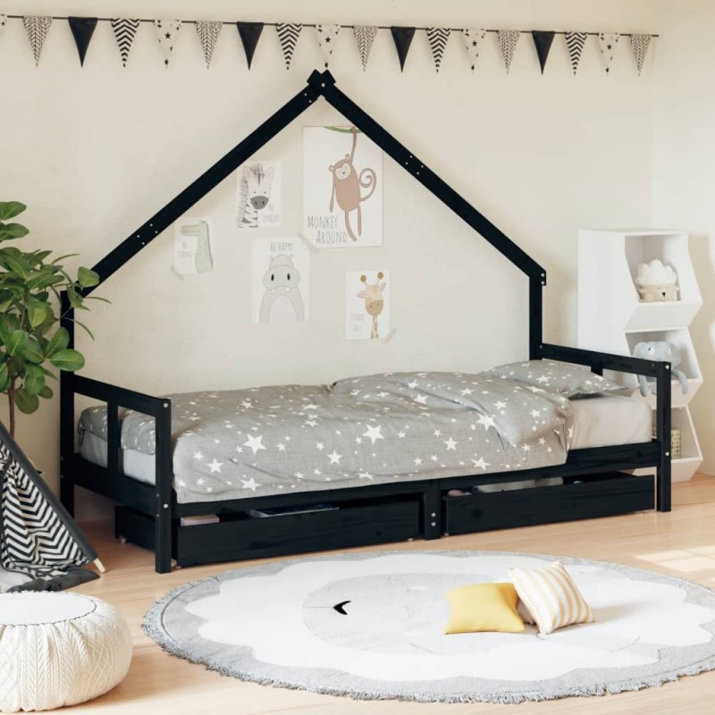 Estrutura cama infantil c/ gavetas 80x200cm pinho maciço preto-Berços e camas infantis-Home Retail