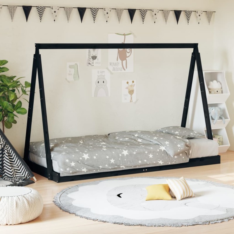 Estrutura de cama infantil 90x200 cm pinho maciço preto-Berços e camas infantis-Home Retail