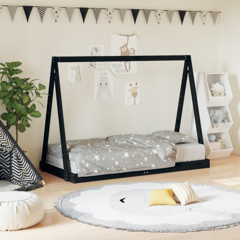 Estrutura de cama infantil 80x160 cm pinho maciço preto-Berços e camas infantis-Home Retail