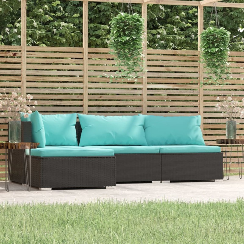 4 pcs conjunto lounge de jardim c/ almofadões vime PE preto-Conjuntos de jardim-Home Retail