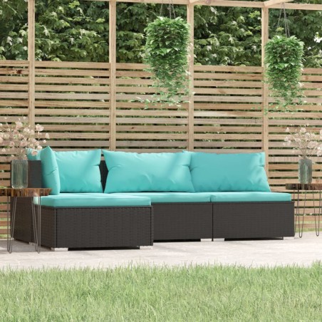 4 pcs conjunto lounge de jardim c/ almofadões vime PE preto